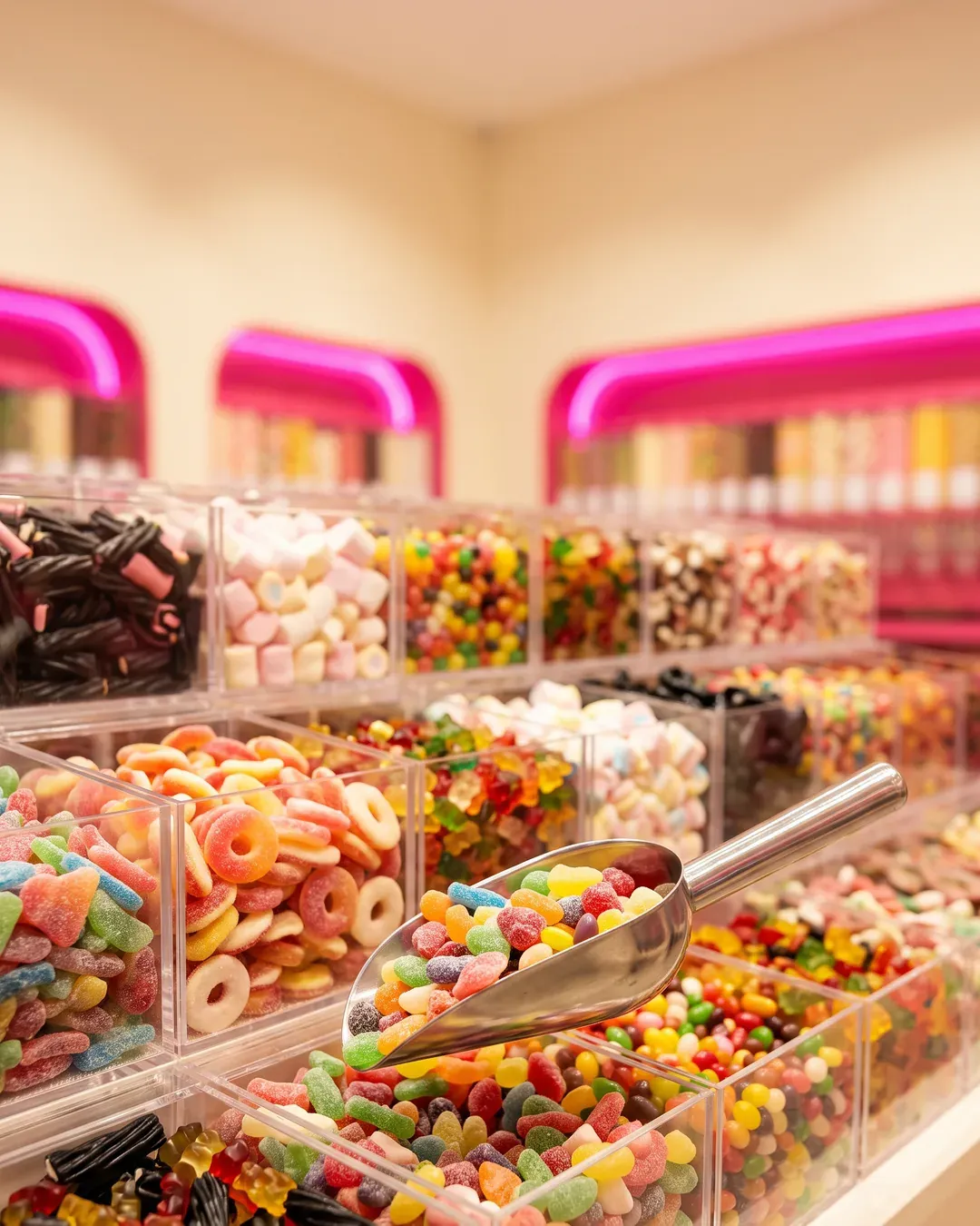Le mur de bonbons en vrac du magasin, avec sa pelle