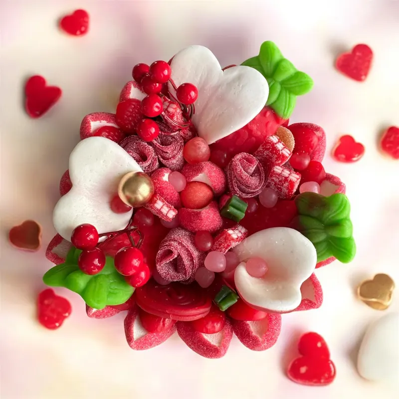 Bouquet de bonbons rouge et blanc aux cœurs en guimauve