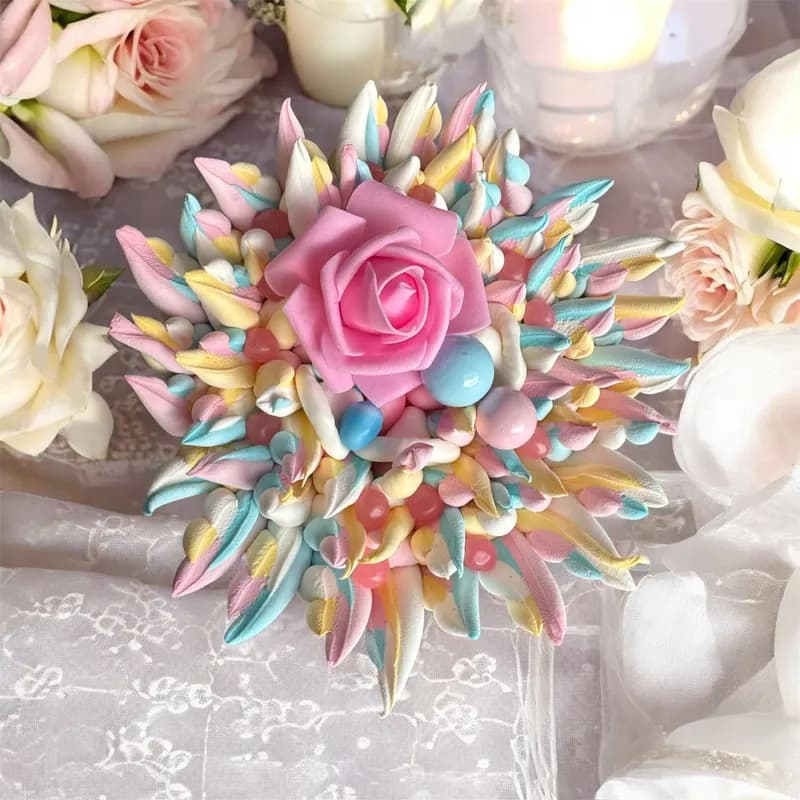 Bouquet de bonbons pastel à la grande rose rose