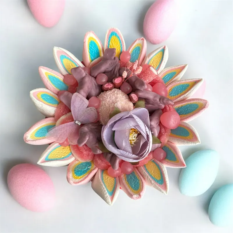 Bouquet de bonbons pastel à la rose lilas