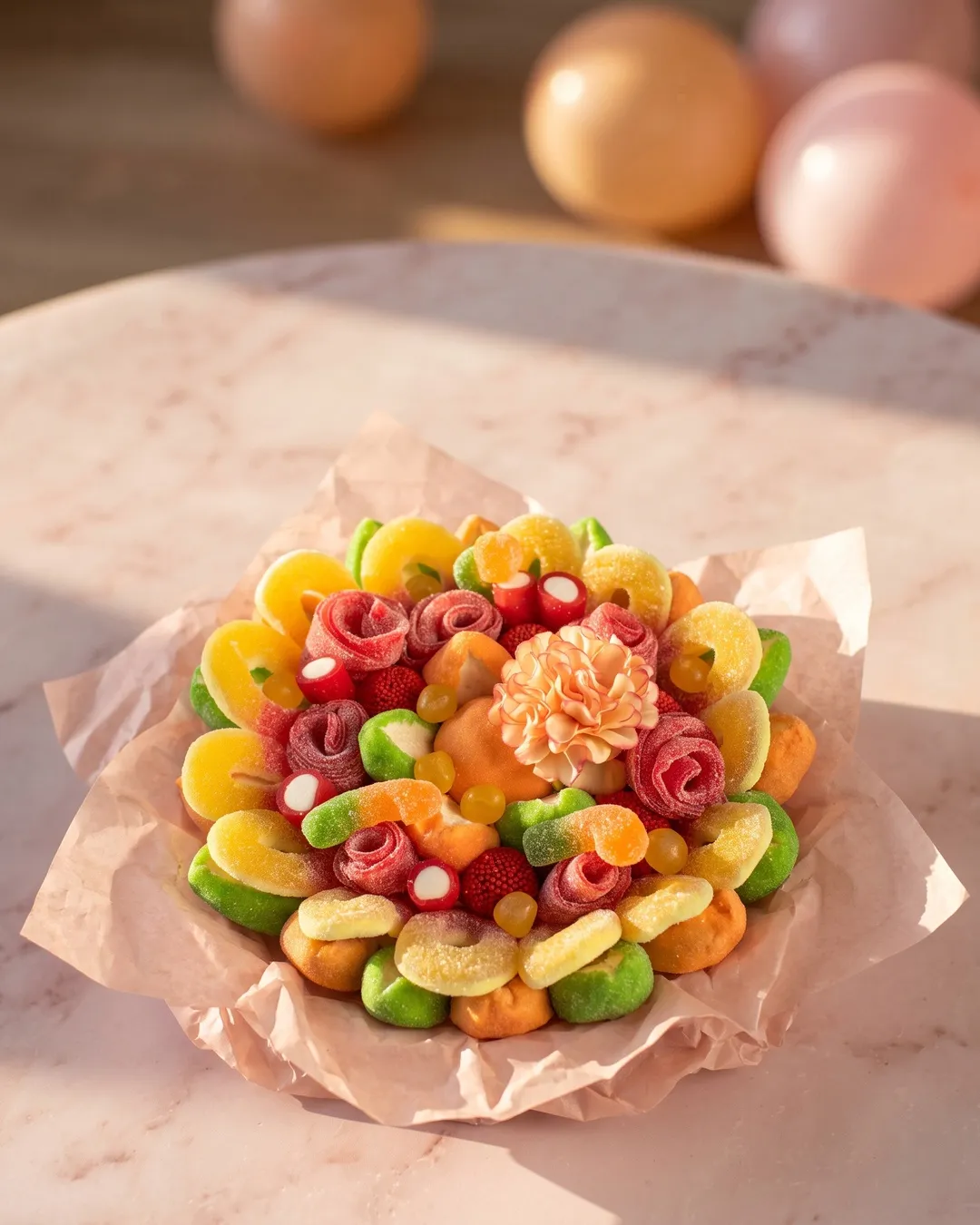 Bouquet de bonbons jaune, orange et rouge dans du papier de soie, mis en scène sur une table en marbre