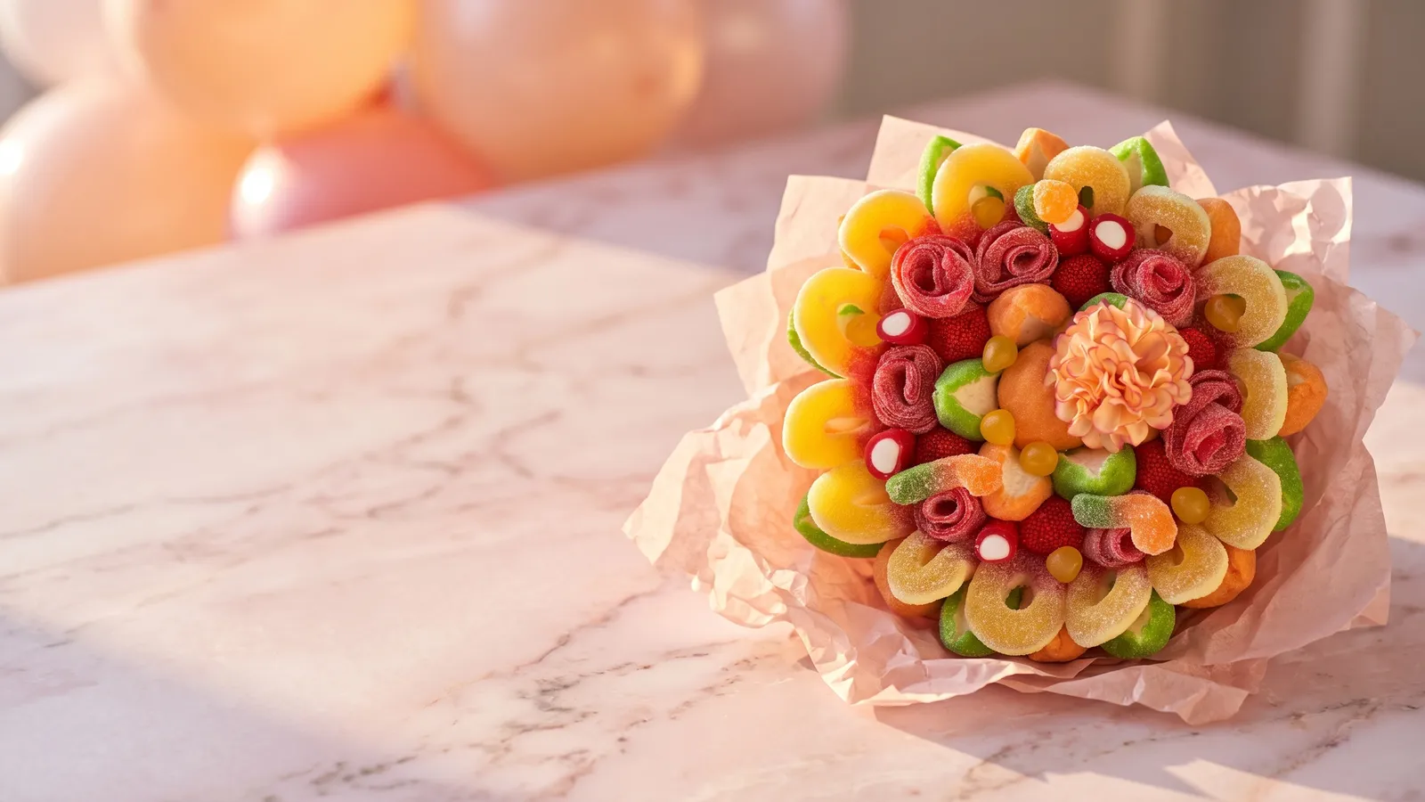 Bouquet de bonbons jaune, orange et rouge, mis en scène avec des ballons