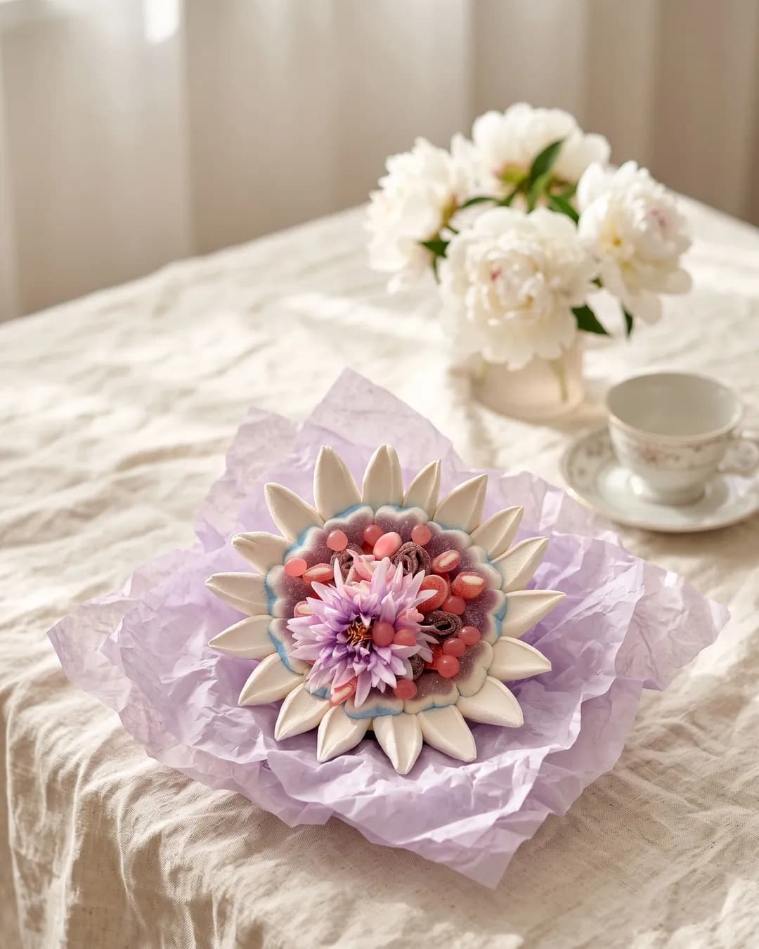 Bouquet de bonbons blanc et lilas en forme de fleur, mis en scène avec des pivoines
