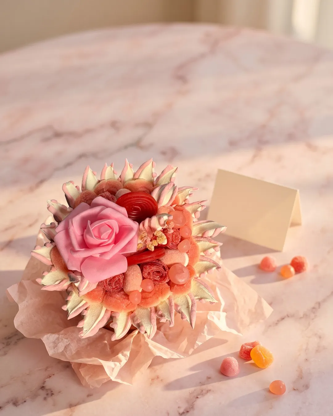 Bouquet de bonbons rose à la grande rose, mis en scène avec une carte