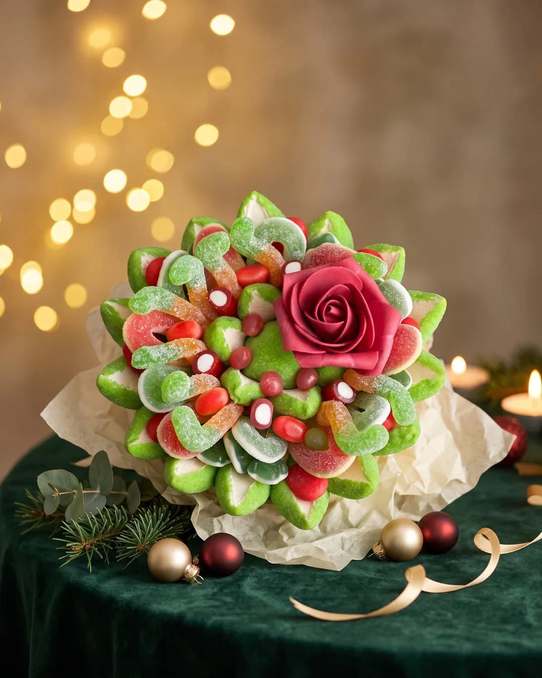Bouquet de bonbons rouge et vert à la rose rouge, mis en scène avec des boules de Noël