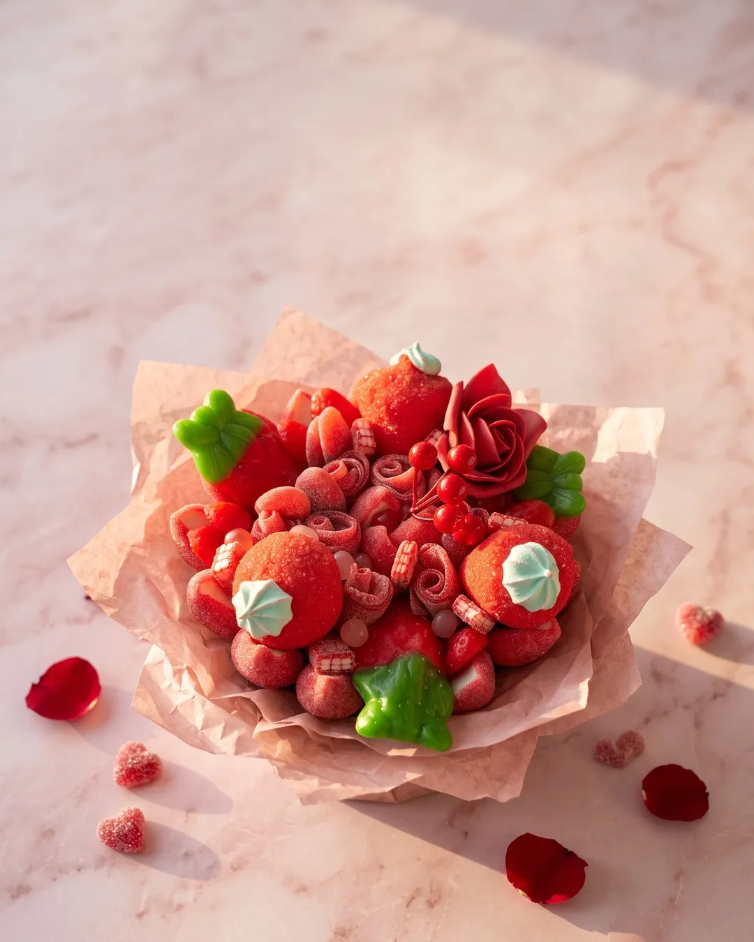 Bouquet de bonbons rouge aux fraises en guimauve, mis en scène avec des pétales